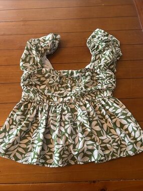 Abercrombie & Fitch Olive Green and White Leaf-Print Smocked Square-Neck Top